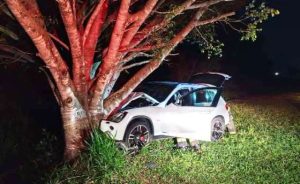 Carro de luxo colide contra árvore na SP-215 e motorista fica ferido